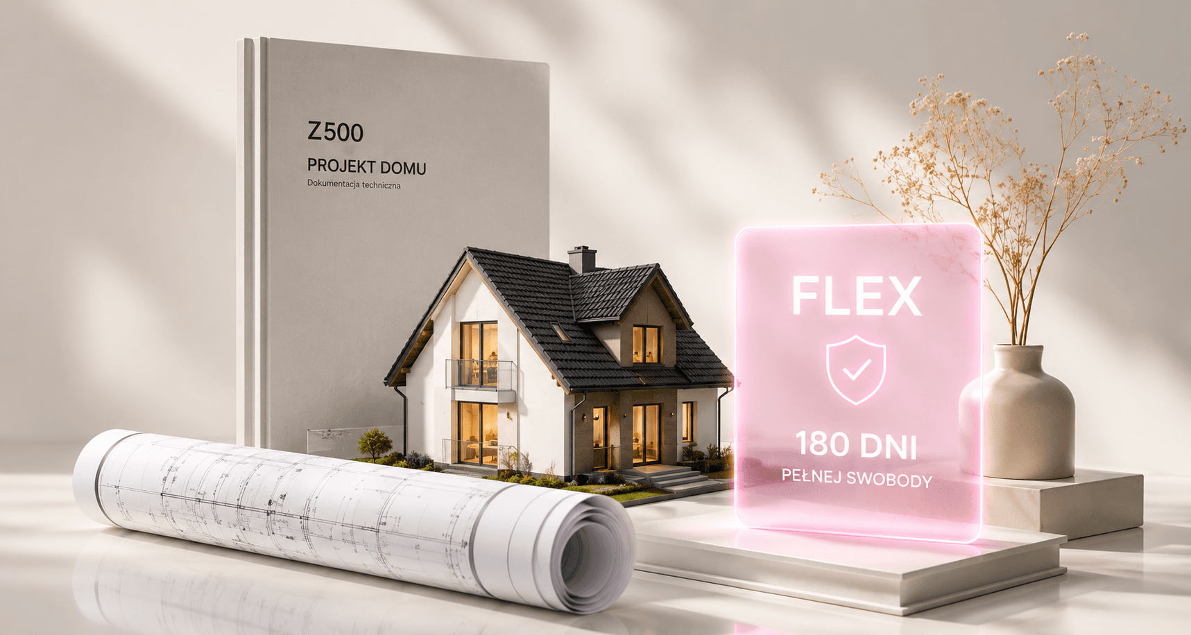 Gwarancja Flex — projekt domu z neonową tabliczką 180 dni pełnej swobody